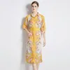 Casual Kleider Elegante goldene gelbe Farbe Gericht Stil Mid Langarm Herbst Lose Softerable Einreiher Mode Party Vestidos