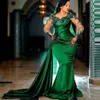 Green Womens Evening Dresses Mermaid Long Sleeve Satin Prom Dress Sequin Appliques Side Train Aso Ebi Celebrity Gown