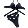 Women039s Swimwear Women 2PCS Bikini Suit Plain Halter TieUp PushUp Bra High Waist Hollow Triangle Panty Ladies Summer Beach1617552