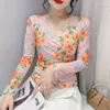 Women's T Shirts #7967 Sexy Wrap Shirt Women Flower Printed Tshirt Long Sleeve Vintage Short Slim Mesh Tee V-neck Thin Top