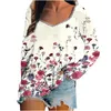 T-Shirt Femme Automne Hiver 2022 Femmes Élégantes Dentelle Floral Imprimé T-shirt Décontracté Haut Décontracté Col en V Lâche Manches Longues Mode T-shirts Chemise Nouveau T230104