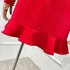 Casual klänningar Ankomst 2023 Tidig höstens toppkvalitet Röd frill ruffle Big Bow Front Wide Neckline Mini Dress for Party