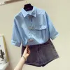 Women's Blouses Irregular Pocket Women Shirts 2023 Summer Blue Stripes Turn-Down Collar Vintage Chinese Style Lady Elegant Tops