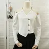 Camisetas para mujer Hikigawa Chic Moda Mujeres Tops Sexy Halter Off Hombro Belleza Back Casual Sólido Dulce Y2k Manga larga Top corto Mujer