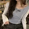 Women's T-Shirt Patchwork T-shirts Women Long Sleeve Design Harajuku Fashion Summer College Slim Crop Top All-match Soft Leisure Ins New Basic T230104