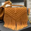 Üniversite Tasarımcı Kadın Çantalar Çanta Omuz Tote Siyah Klasik Diagonal Stripes Kapitone Zincirler Flep Orta Crossbody Süet Püskül Zarf Cüzdan