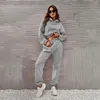 Women's Two Piece Pants Fall Outfits Women Tracksuit Solid Color Long Sleeve Hooded Cropped Sweatshirts High Waist Sets Ensemble Femme