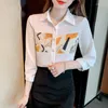 Women's Blouses Fashion Printed Spliced White Shirt For Female 3/4 Sleeve Summer Korean Casual Turn-down Collar Button Blouse Women's