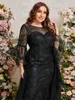 Zwarte lovertjes plus size avondjurken met afneembare trein prom -jurken lange mouwen pure batau halslijn zeemeermin speciale gelegenheid jurk