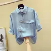 Women's Blouses Irregular Pocket Women Shirts 2023 Summer Blue Stripes Turn-Down Collar Vintage Chinese Style Lady Elegant Tops