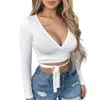 T-shirt Femme Mode Femmes Wrap Top Sexy Col V Profond Noeud Avant Manches Longues Basic Tee Strappy T-shirt Tops Été Casual Vêtements Courts T230104