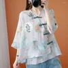 Ethnic Clothing 2023 Traditional Chinese Top Flower Print Hanfu Clothes Oriental Linen Blouse For Women