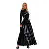 Lässige Kleider Hoher Kragen Faux Latex Maxikleid Frauen Langarm Glänzendes Lackleder Wet Look Bodenlange Party Clubwear Custom