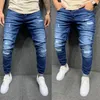 Mäns jeans rippade magra lapptäcke rutnät stretch casual denim blyerts byxor man mode målning målning jogging byxor man