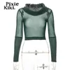 Camiseta de mujer PixieKiki Malla de punto Patchwork Top transparente Verde oscuro Y2k Ropa vintage para mujer Camisetas de manga larga P85-BG15 T230104