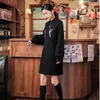 Ethnische Kleidung Lose Herbst Und Winter Damen Retro Chinesisches Kleid Fat MM Cheongsam Sweatshirt Pullover Traditionelles Schwarz Rotes Oberteil