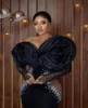 Aso Ebi Black mermaid Evening Dresses Ruffles Flower Crystals Beaded Long Sleeves Illusion Side african Occasion Prom Runway Pageant Gown