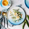 Platos de cerámica de Color azul degradado nórdico, juego de cuencos y tazas, plato de fruta, postre, bandeja creativa, vajilla plana para platos