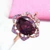 Klusterringar 585 Purple Gold Plated 14k Rose Inlaid Red Crystal Flower for Women Exquisite Light Luxury Engagement Smyckespresent