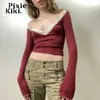 Dames t-shirt pixiekiki sexy crop tops y2k vintage v nek t shirts voor vrouwen kleding kanten lage gesneden lange mouw tees rood zwart p33-be12 t230104