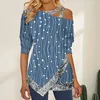Damska koszulka wiosenna jesień 2022 Kobieta w kropka drukowana cekinowa bluzka z długim rękawem swobodny O Neck nieregularny na ramię seksowna moda T230104