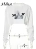 T-Shirt da donna Abdieso Y2K Stampa Sexy Pullover Crop Top Donna Streetwear Casual 2022 Autunno Bianco Allentato O Collo Manica lunga T-Shirt Moda T230104