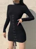 Party Dresses HEYounGIRL Tie Up Bandage Black Bodycon Dress Autumn Basic Long Sleeve Knitted Mini Ladies Skinny Casual Winter Fashion 230103