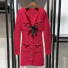 Casual Dresses Early Spring Women Red Knit Robe Bow V-Neck Long Sleeve Rhinestone Buttons Female Slim Mini 2023