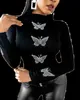 T-shirt Femme Nouveau 2022 Femmes Papillon Diamants À Manches Longues T-shirt Femme Motif Papillon Dded Hauts À La Mode Lâche Chemise Slim XS-8XL T230104