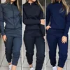 Pantalon à deux pièces pour femmes 2 pcs / ensembles de manteau de manteau secteur zipper sweat-shirt de couleur solide à manches longues