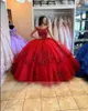 Sparkly Tulle Rouge Quinceanera Robes 2023 Puffy Ball Robes Dentelle Applique Perles Paillettes De L'épaule Plus La Taille Sweet 16 Robe