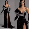 2022 Black Velvet Evening Gowns Sweep Train Off the Shoulder Mermaid Prom Dresses High Slit Pearls Vestidos Formal Celebrity Gowns