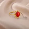 Eheringe Vintage Oval Roter Stein Für Frauen Offene Verstellbare Edelstahl Achate Fingerring Eleganter Geburtstag Schmuck Bijoux Femme