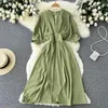 Vestidos de fiesta Vestidos de Mujer Maxi Jersey verde Dulce Cintura alta Casual Robe Manga corta Estilo de playa Una línea Linterna Vestido negro Ins