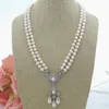Pendant Necklaces Hand Knotted 2strands 7-8mm White Freshwater Pearl Necklace Micro Inlay Zircon Accessories Long 58-61 Cm