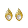 Dangle Earrings Antique Gold Craft Inlay Leaf Pearl For Women Exquisite Suitable Daily Wear Ear Studs Light Luxury Jewelry