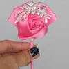 Dekorativa blommor 1 bit bröllopsdräkt Corsage Groom Boutonniere Party Prom Man Corsages Satin Fabric Rose Crystal Brooch Button Hloe