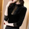 Women's T Shirts Female Clothing Vintage Solid Color T-shirt Autumn Winter Stylish Diamonds Long Sleeve All-match Half High Collar Pullovers