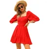 Casual Dresses Tie Back Summer Mini Dress Women's Lantern Sleeve Ruffled Off Shoulder Sexy Robe A-Line Vintage Wrap Up Elegant