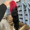 180 % densitet Svart Rosa Highlight Människohår Peruker 13x4 Body Wave Spets Front Peruk HD Transparent Spets Syntet Förplockad