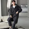 Men's Sleepwear 4XL Men Hooded Kimono Long Bathrobe Elastic Pants Winter Warm Flannel Solid Front Busttons Pajama Sets Casual Soft Robe For