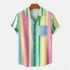 남성용 캐주얼 셔츠 10 색 남성 하와이 스트라이프 셔츠 해변 스타일 쿠바 칼라 블라우스 디지털 프린트 짧은 슬리브 탑 티스 M-3XL