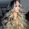 Ash Blonde Hoogtepunten 13x4 Lace Front Haren Haarpruik voor vrouwen Black Roots Ombre Body Wave Synthetische pruik vooraf geplukt