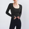 Active Shirts Women Sport Ribbed High Elastic Gym Yoga Crop Top inbyggd BH Långärmad t-shirts Sexig träning Athletic Shirt Winter