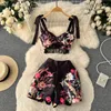 Women's Tracksuits Sexy Beach Party Printed Shorts Outfits V Collar Sleeveless Lace Up Beading Tassel Crop Tops And Short Pants Suit Two