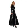 Casual Jurken Hoge Kraag Faux Latex Maxi Jurk Vrouwen Lange Mouw Glanzend Lakleer Wetlook Vloer Lengte Party Clubwear Custom