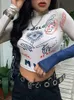Koszulka damska Y2K Silm Turtleck Print Top dla kobiet ubrania swobodne asymetryczne estetyczne ropa de Mujer Streetwear Długotrwałe T-shirt T230104