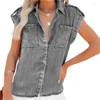 Women's Blouses Stylish Women Shirt Solid Color Everyday Wear Lightweight Sleeveless Pocket Single-Breasted Denim Top