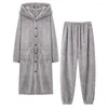 Men's Sleepwear 4XL Men Hooded Kimono Long Bathrobe Elastic Pants Winter Warm Flannel Solid Front Busttons Pajama Sets Casual Soft Robe For