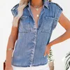 Women's Blouses Stylish Women Shirt Solid Color Everyday Wear Lightweight Sleeveless Pocket Single-Breasted Denim Top